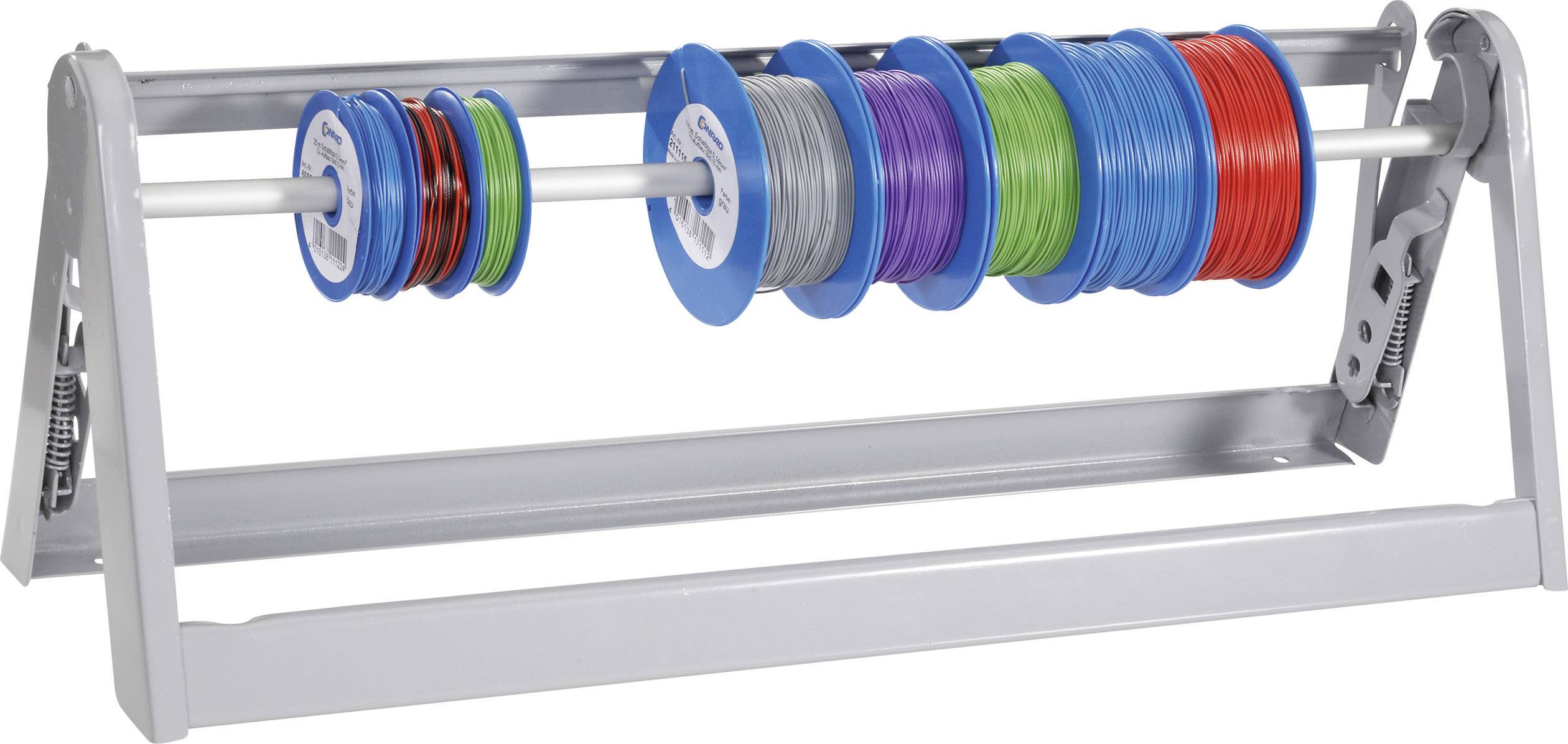 Een zilveren metalen standaard met meerdere kleurrijke kabelrollen die naast elkaar zijn gerangschikt in verschillende kleuren en formaten.