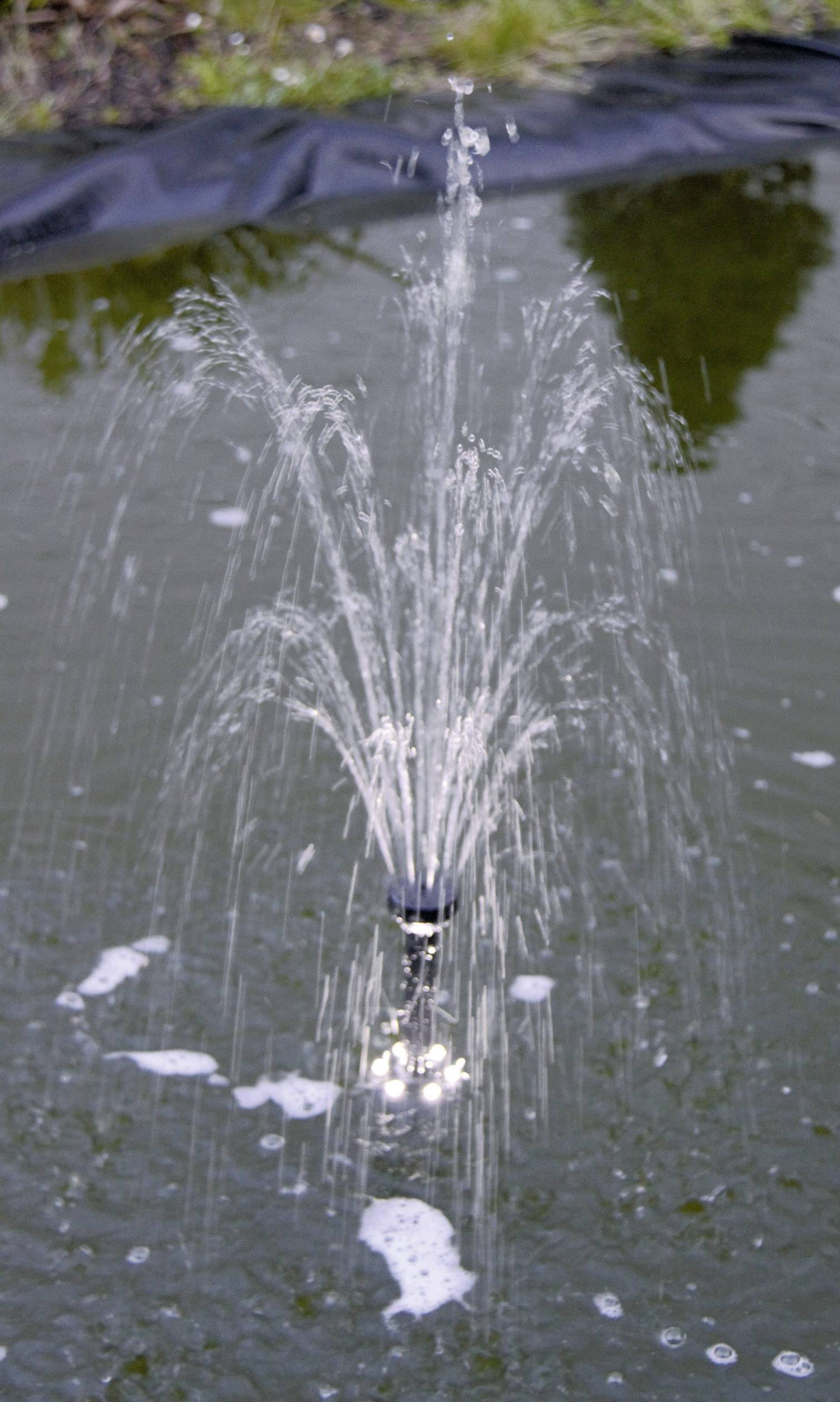 Kleine fontein in een vijver spuit waterstralen de lucht in, met een groene achtergrond en een lichte weerspiegeling in het water.