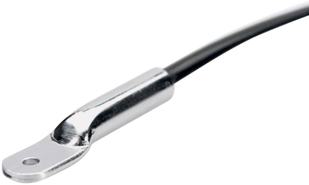 Een elektrische kabelschoen met een metalen connector aan het uiteinde van een zwart kabel, geschikt voor bevestiging aan een schroef.