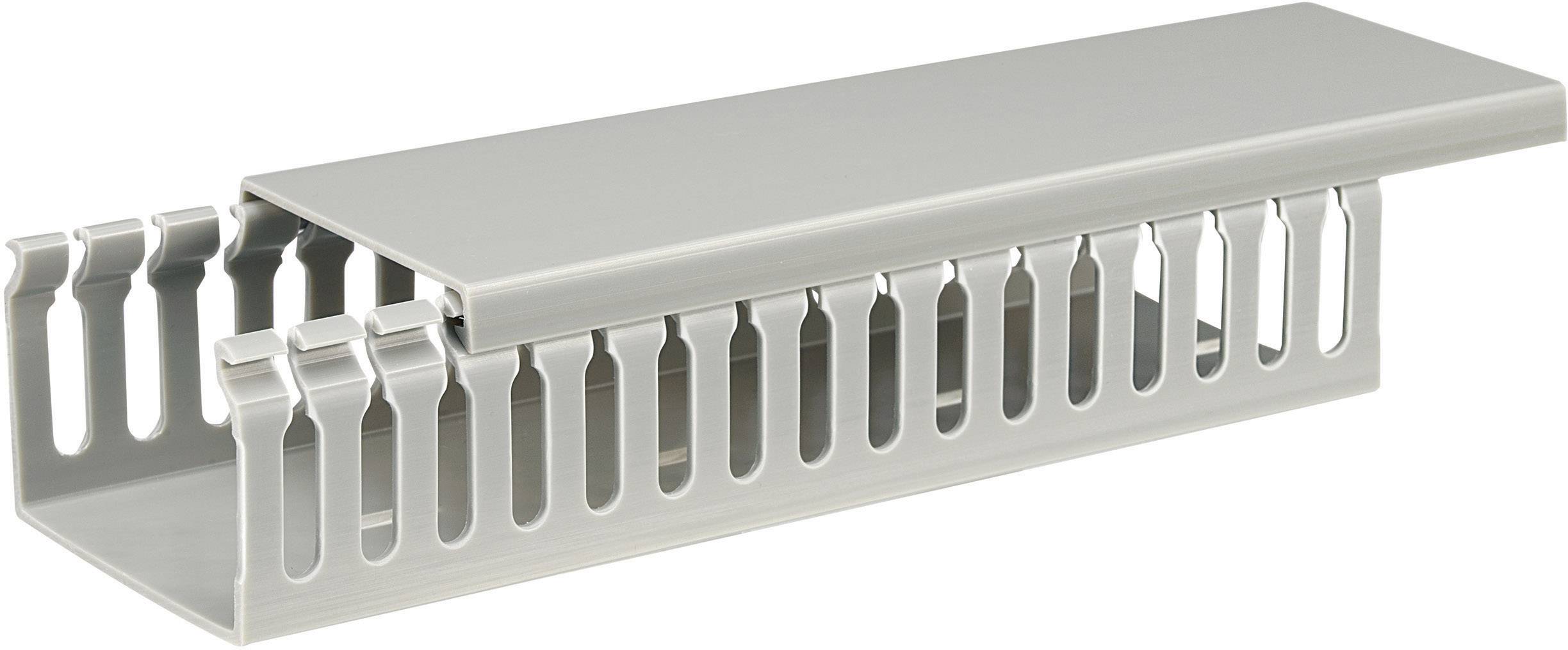 Kabelgoot van grijs kunststof met verwijderbare afdekking en zijdelingse sleuven, geschikt voor georganiseerde kabelgeleiding op kantoor.