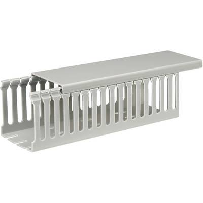 Grijze kabelgoot met afneembare deksel, open zijden voor kabeltoegang, geschikt voor kabelbeheer in kantoren en industriële installaties.