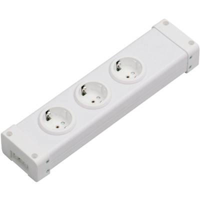 Witte stekkerdoos met drie aansluitingen zonder kabel, geschikt voor gebruik binnenshuis voor de stroomvoorziening van meerdere apparaten.