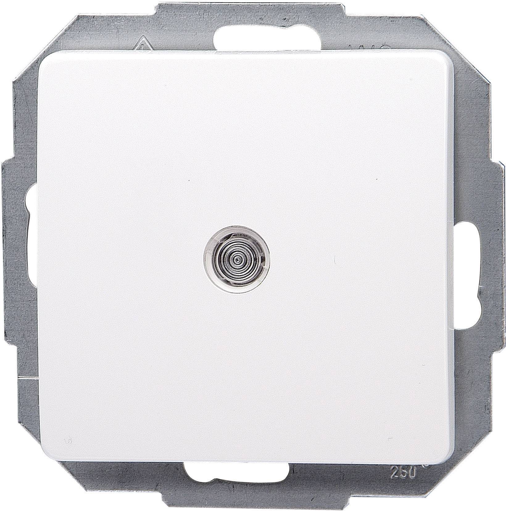 Witte deurbel drukplaatje met centrale drukknop, gemonteerd op een metalen beugel.