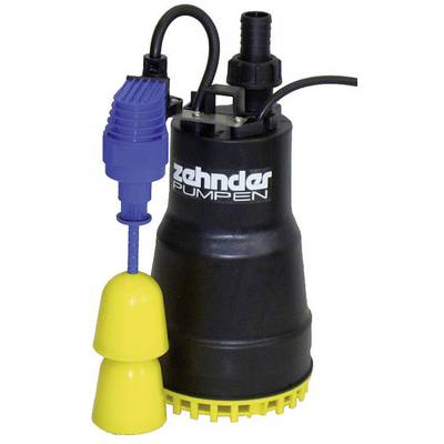 Zwarte dompelpomp met gele vlotterschakelaar en blauwe onderdelen. Markering: 'zehnder POMPEN'.