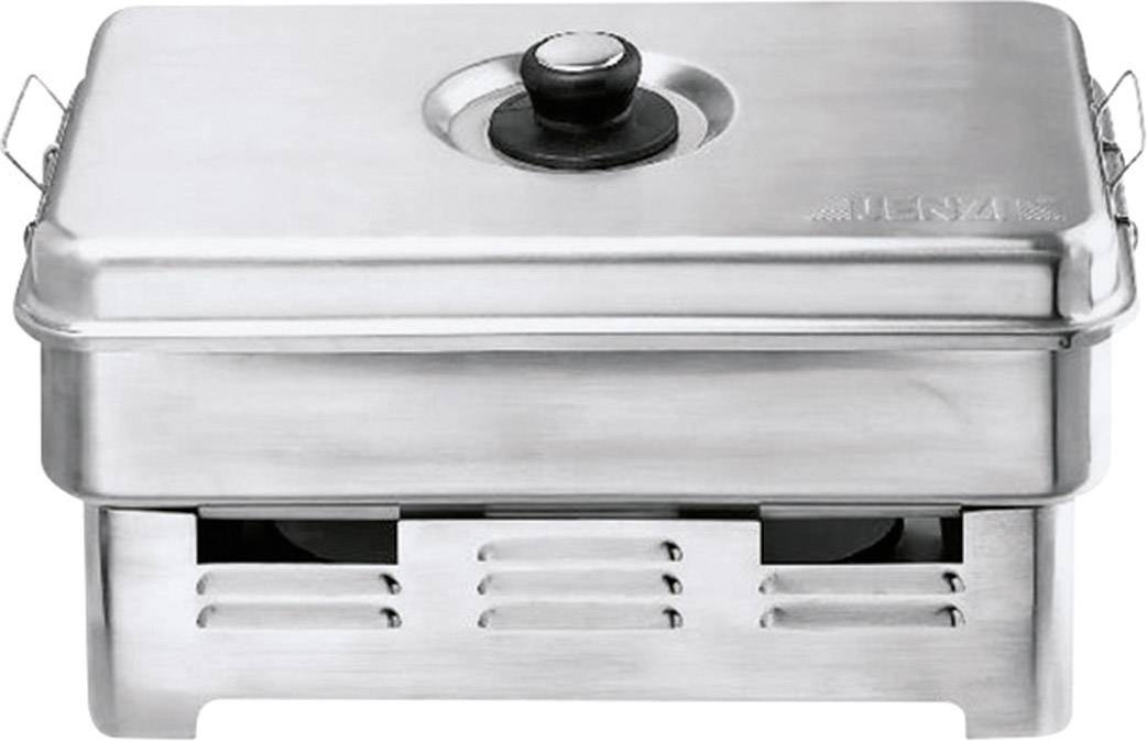 Een zilveren metalen chafing dish met deksel en handvat, geschikt voor het warmhouden van gerechten bij buffetten.
