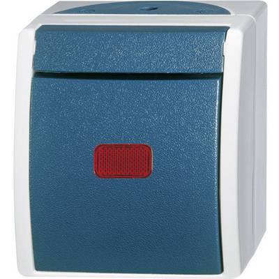 Een blauwe elektrische wandschakelaar met een rechthoekige, rode indicator aan de voorkant, omgeven door een grijze rand.