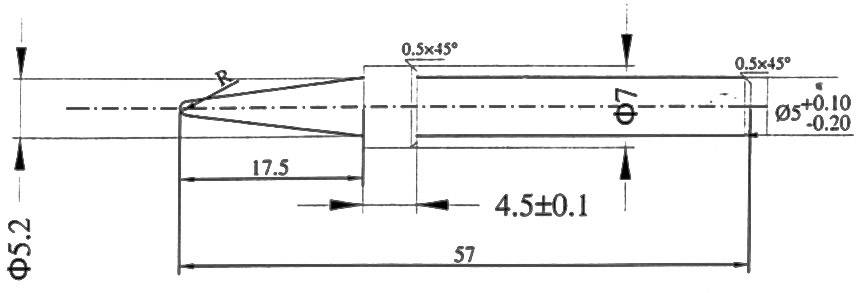 Technische tekening van een cilindrische pen met afmetingen, diameter 5,2 mm, lengte 57 mm, gemarkeerde hoeken en toleranties.