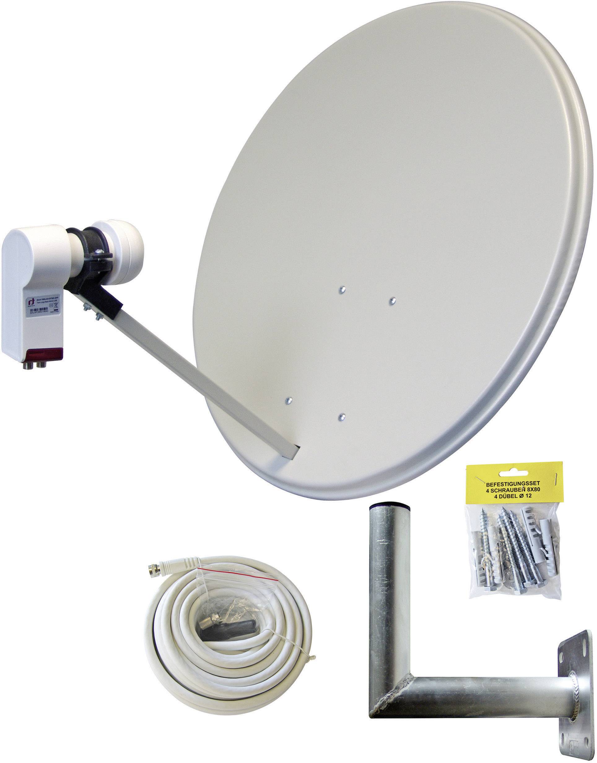 Schotelantenneset met LNB, montagebeugel, kabel en bevestigingsmateriaal.