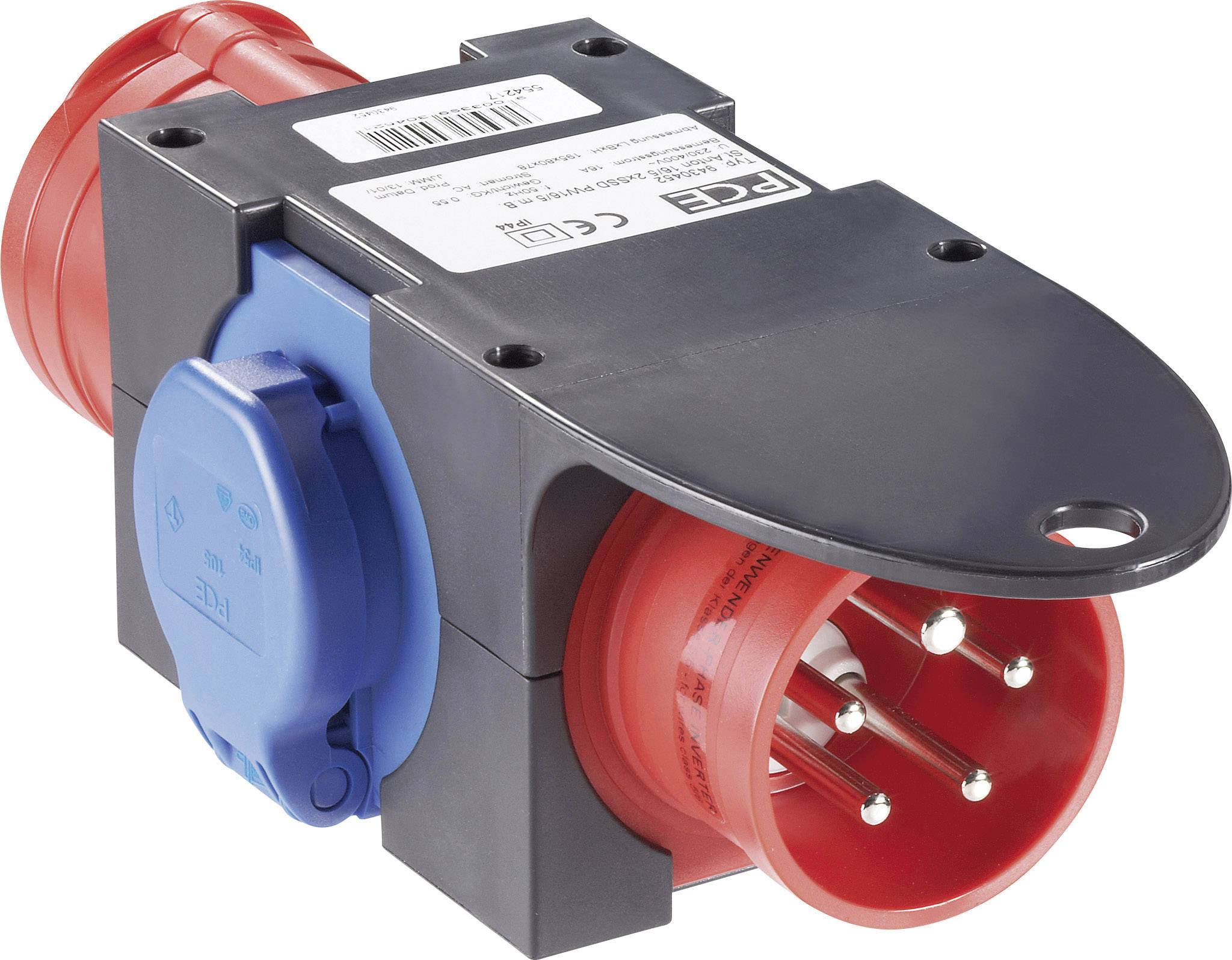 Industriële stekker met een rood en blauw behuizing, met meerdere metalen pinnen zichtbaar, geschikt voor stroomverbindingen in industriële toepassingen.