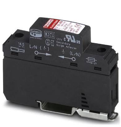 Een zwarte overspanningsbeveiliging voor 120V met aansluitklemmen en controletekens aan de bovenzijde, geschikt voor elektrische installaties.