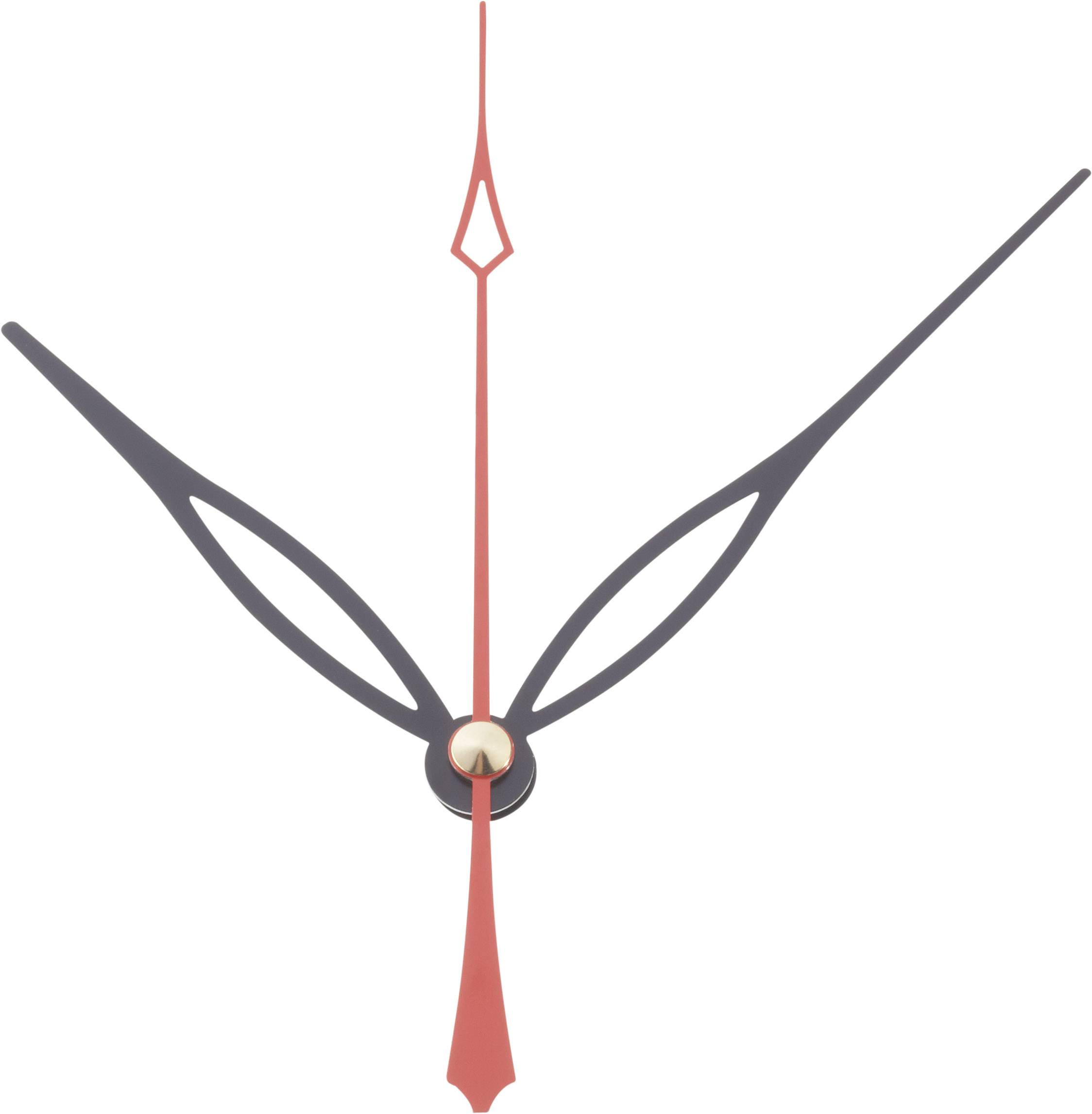 Close-up van abstracte wijzers op een witte achtergrond: een zwarte uurwijzer, een rode minutenwijzer.