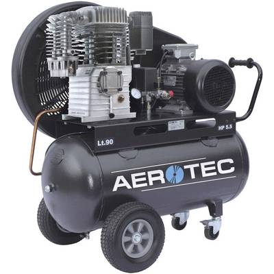 Luchtcompressor met grote cilinder, kabel, drukmeter en wielen, gemarkeerd met 'AEROTEC'. Geschikt voor industriële toepassingen.