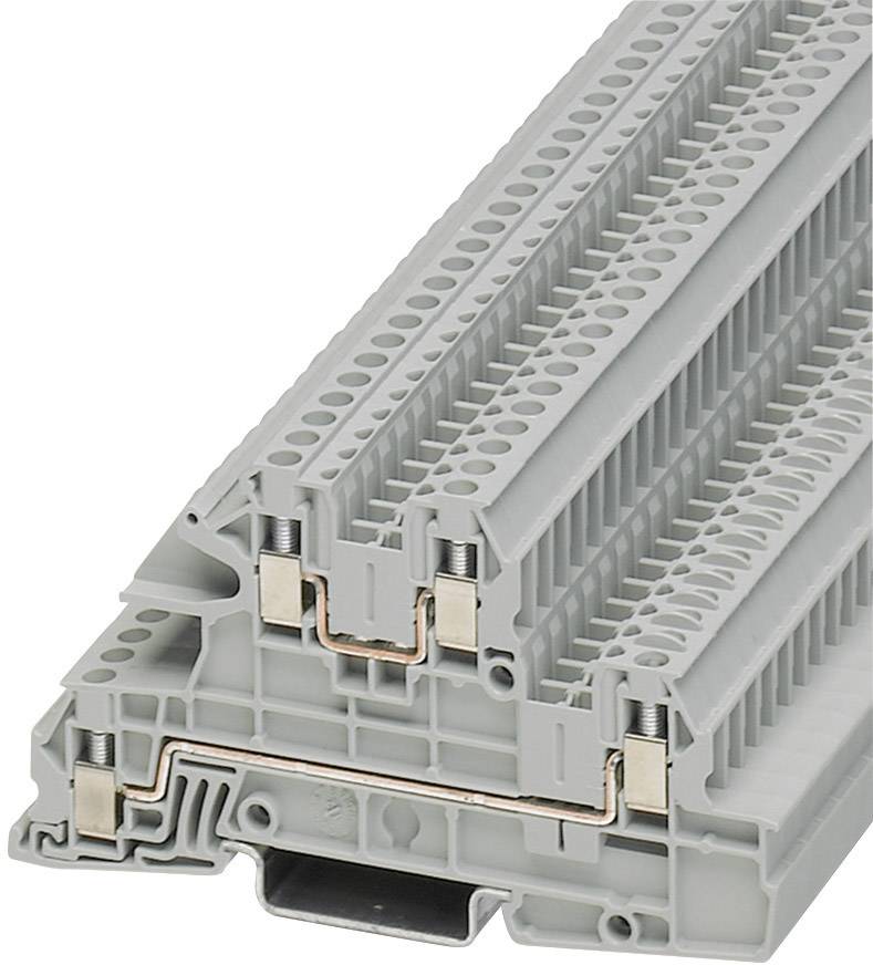 Grijze elektrische aansluitklem met meerdere aansluitpunten en metalen schroeven, voor bekabeling en stroomverdeling in schakelkasten.