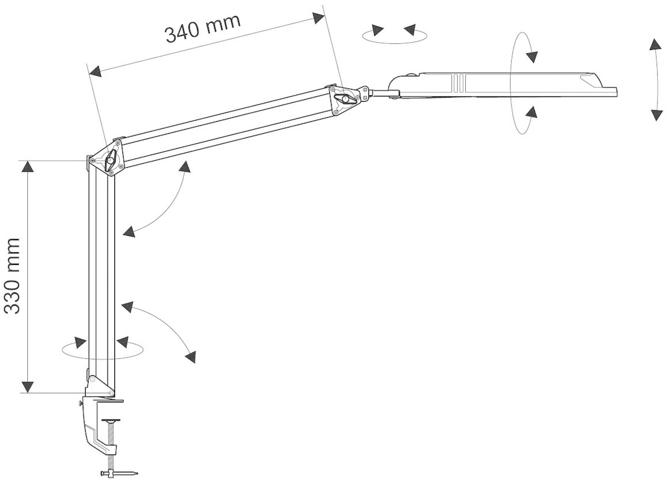 Tekening van een bureaulamp met verstelbare armen. Lengte van de bovenste arm: 340 mm, lengte van de onderste arm: 330 mm. Meerdere bewegingspijlen.