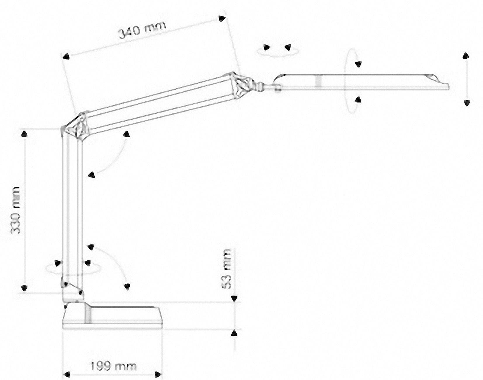 Technische tekening van een verstelbare tafellamp met afmetingen: Hoogte 330 mm, Breedte 340 mm. Gemarkeerd met verdere maatvoering.