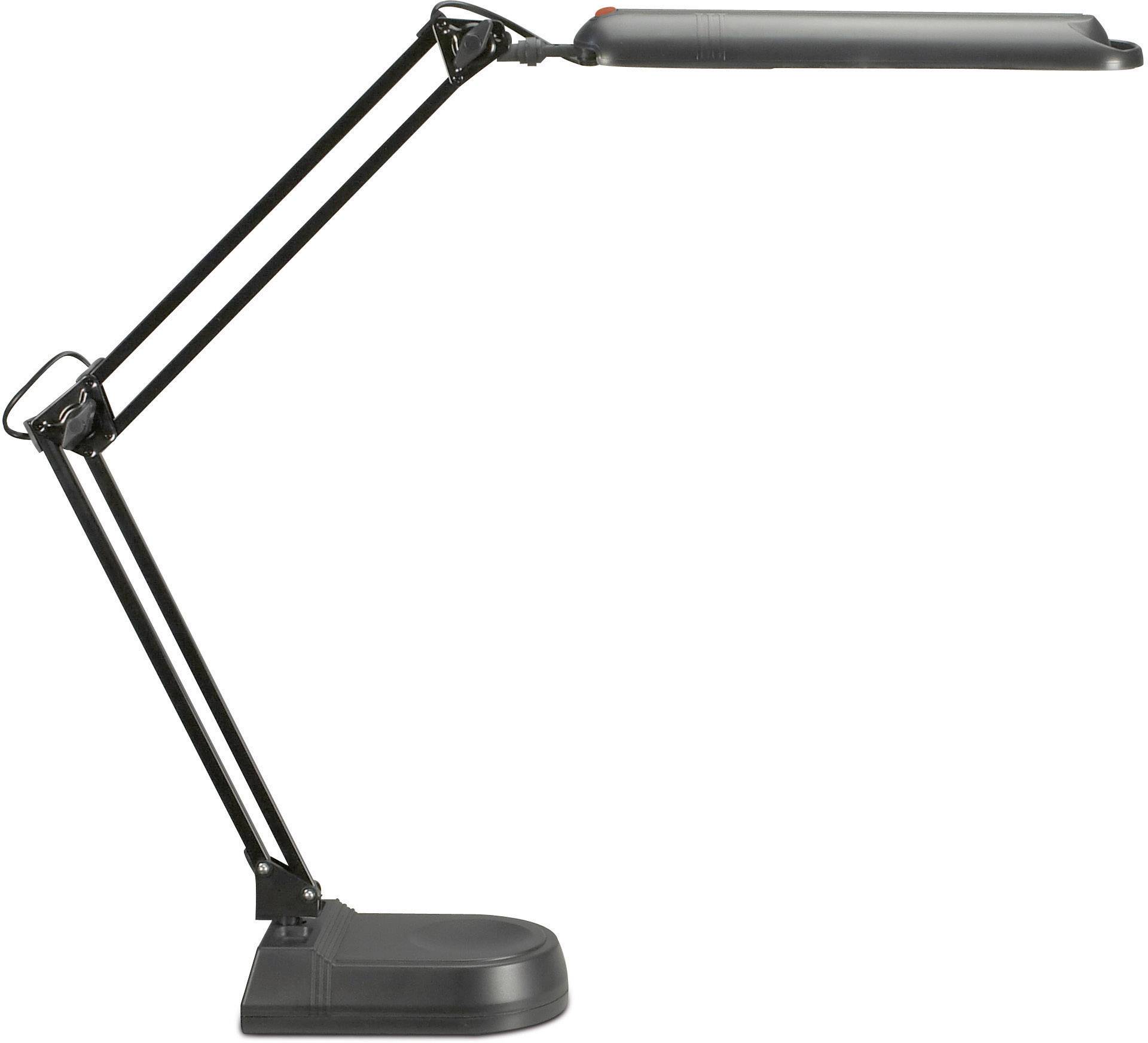 Zwarte, verstelbare bureaulamp met lange arm en platte lampenkop, ideaal voor nauwkeurige verlichting op de werkplek.