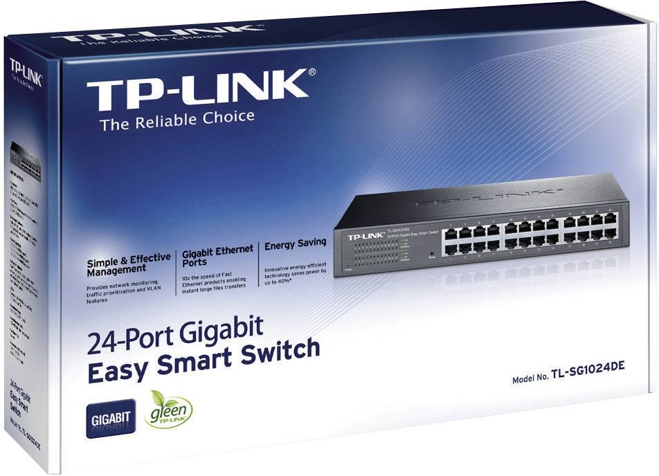 'TP-Link 24-Poorts Gigabit Easy Smart Switch' verpakking toont apparaat met 24 Ethernet-poorten en functies: eenvoudige beheer, energiebesparing.