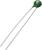 Een groene keramische thermistor met twee lange metalen aansluitingen, die wordt gebruikt voor temperatuurmeting en -regeling.