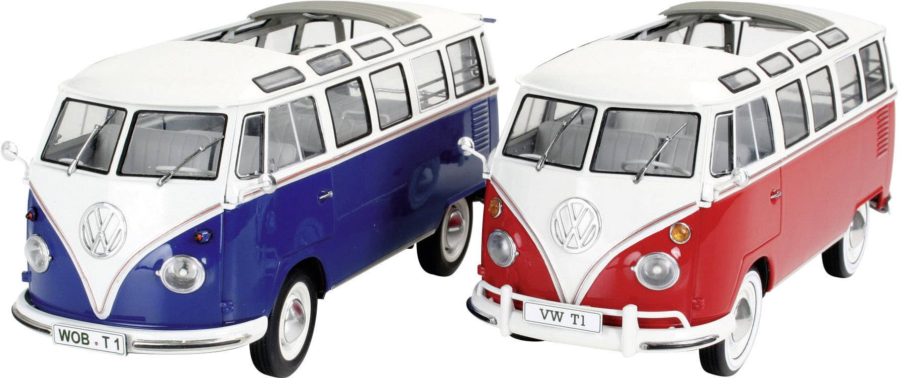 Twee modelbus-exemplaren van de VW T1: links blauw-wit, rechts rood-wit, telkens met een wit dak en ramen, op een witte achtergrond.