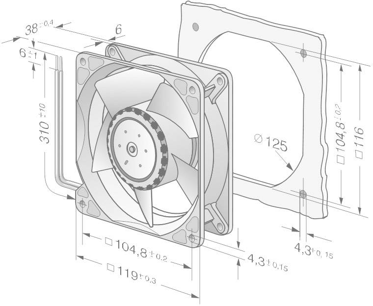 Technische tekening van een ventilator met afmetingen in millimeters, toont voor- en zijaanzicht met afmetingen en boorgat-referentie.