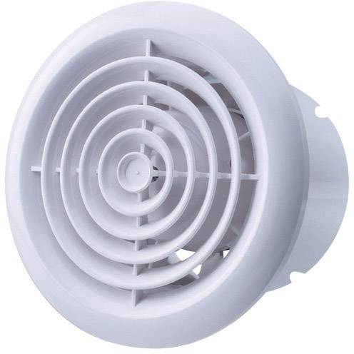 Rond, wit ventilatierooster van kunststof met meerdere concentrische ringen, gebruikt voor het afdekken van ventilatieopeningen.