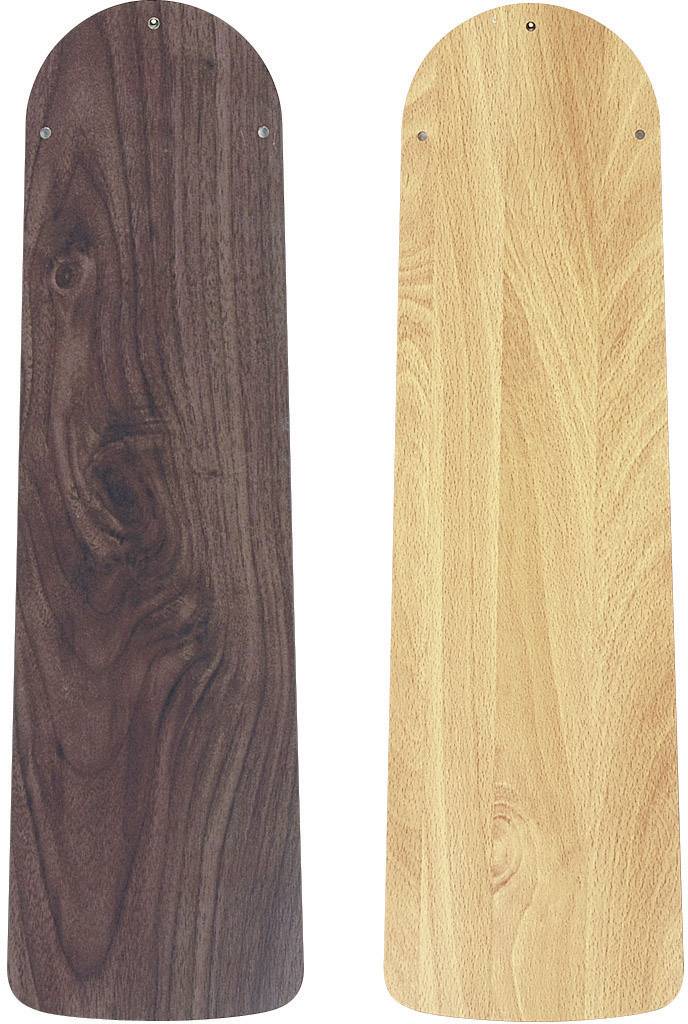 Twee houten ventilatorbladen: links donkerbruin met opvallende nerven, rechts lichtbruin met fijne nerven.