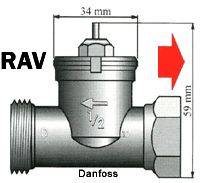 'RAV' Ventielfoto, toont een ventiel met een lengte van 34 mm en een hoogte van 59 mm. Pijlen markeren de stromingsrichting.
