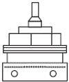 Technische tekening van een meerdelend mechanisch onderdeel met een cilindrische bovenste sectie en een rechthoekige basis.