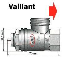 Ventielaanzicht van een Vaillant-oliedop met maatvoering: 30,5 mm hoogte en 70 mm lengte. Pijl wijst naar rechts, richting aangevend.