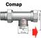 Technische tekening van een T-stuk met afmetingen voor lengte (49,5 mm) en diameter (28 mm). Tekst: 'Comap'. Pijl wijst naar ventilopening.