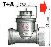 'T+A'-Ventiel met afmetingen: 27,5 mm breedte, 51 mm hoogte. Gedetailleerde technische tekening met draaigreep en pijl voor doorstroomrichting.