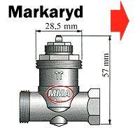 'Markaryd' Ventiel, hoogte 57 mm, breedte 28,5 mm, grijs metaal met rood 'MMA'-logo. Pijl wijst naar rechts boven.