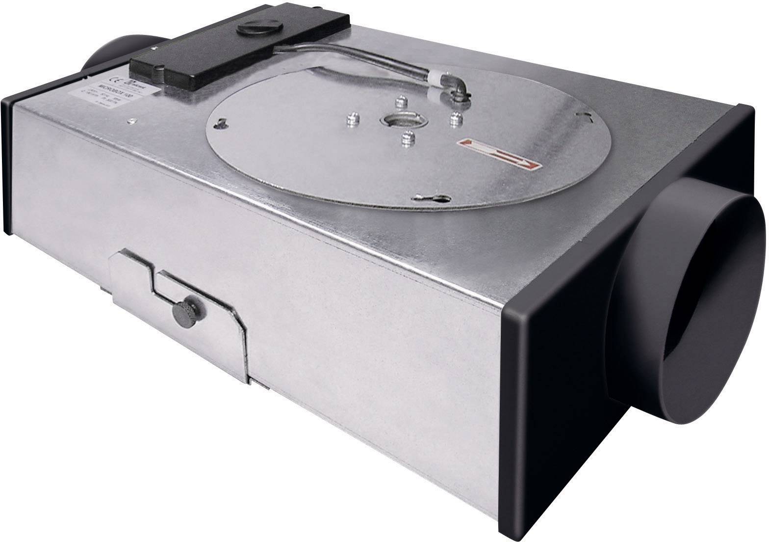 Metalen ventilatie-eenheid met ronde aansluitopeningen aan beide zijden, geschikt voor ventilatie en klimaatbeheersing van ruimtes.