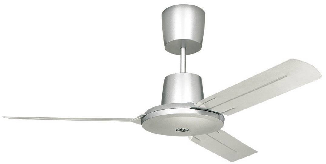 Een moderne plafondventilator met drie zilveren vleugels en een cilindrische behuizing. Hij is ontworpen in een minimalistische stijl.