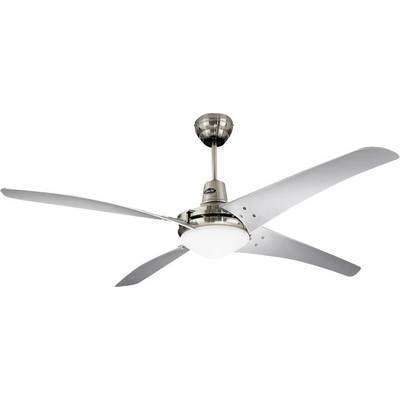 Een moderne plafondventilator met vier zilveren metalen vleugels en centrale verlichting.