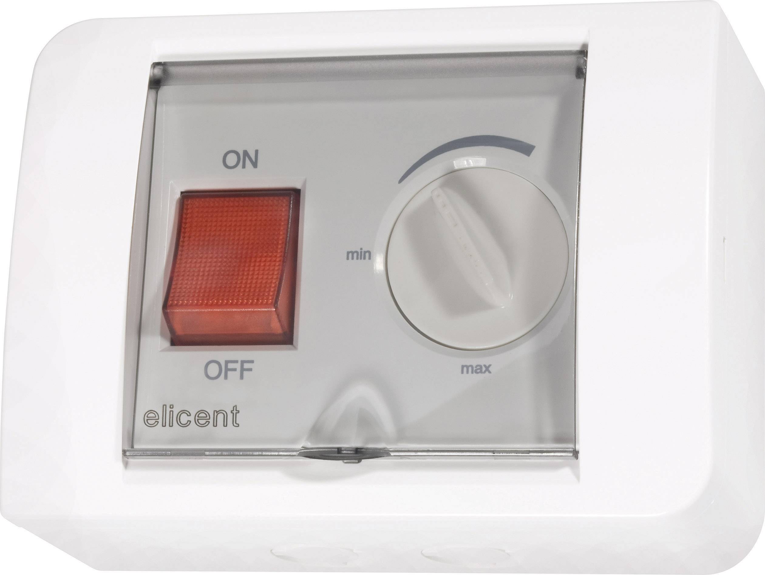Ventilatieschakelaar met rode 'AAN/UIT'-knop en draaiknop voor minimaal-maximaal instelling.