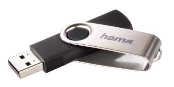 Een USB-stick met een zwarte behuizing en een zilveren draaidop waarop 'hama' staat. Geschikt voor gegevensopslag.