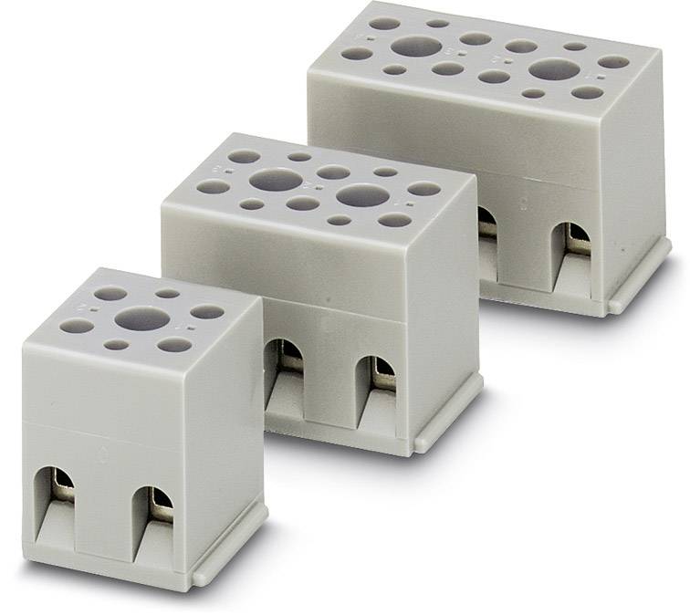 Drie grijze elektrische aansluitblokken van toenemende grootte, gestapeld boven elkaar, met meerdere aansluitopeningen zichtbaar.