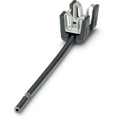 Zwart kabel met een metalen aansluitstuk. Het kabel is bevestigd aan een kunststofhouder.