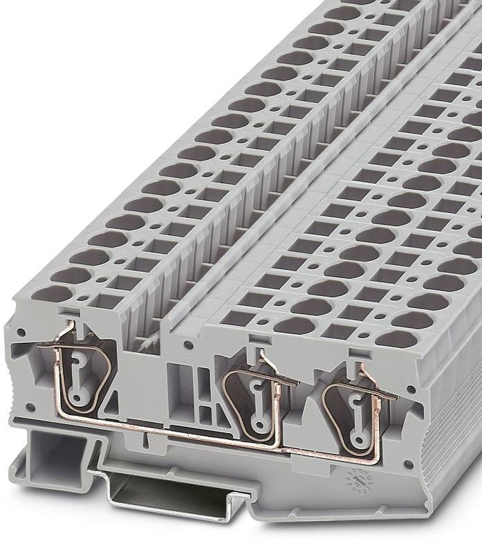 Een grijs, meerlagig aansluitklemmenblok met koperaansluitingen, geschikt voor montage op een DIN-rail in elektronische schakelkasten.