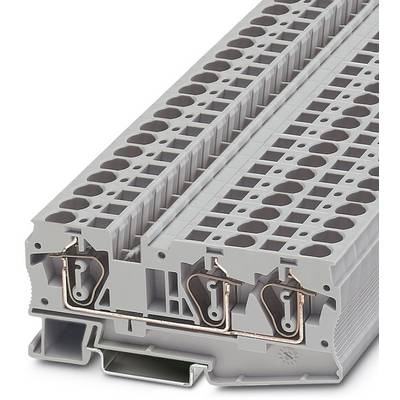 Een grijs, meerlagig aansluitklemmenblok met koperaansluitingen, geschikt voor montage op een DIN-rail in elektronische schakelkasten.