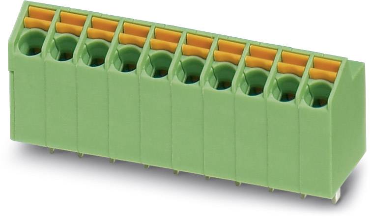 Groene stekkerklem met acht aansluitingen en oranje drukklemmen, voor het verbinden van meerdere elektrische draden.