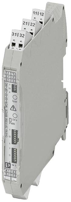Elektronische module voor DIN-railmontage, grijs, met meerdere aansluitklemmen bovenaan, zijdelingse aansluitingen en schakelaar.
