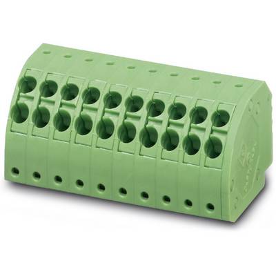 Groene, multipolaire stekkerblok met meerdere aansluitpunten, veelal gebruikt in de elektronica voor printplaatverbindingen.