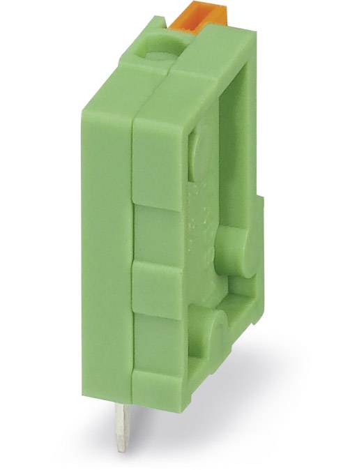 Een groene stekker met een metalen contactpunt en een oranje hefboom aan de bovenkant, voor elektrische toepassingen.