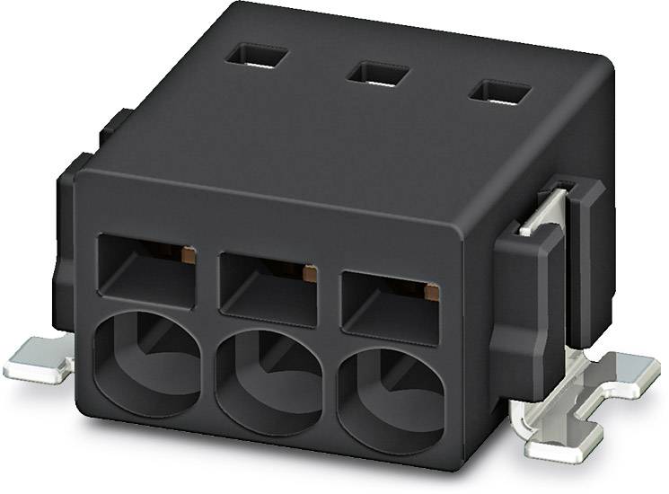 Een zwarte elektrische stekker met drie vierkante aansluitingen en een zijdelingse metalen bevestiging, voor kabelaansluitingen.
