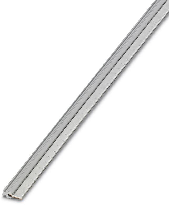 Een zilveren aluminiumprofiel met een lange, rechte vorm en zijdelingse inkepingen. Geschikt voor mechanische constructies.