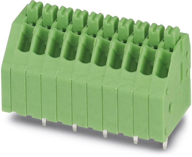 Groene, multipolaire printconnector, horizontaal gemonteerd, met meerdere pinnen onderaan voor elektrische aansluiting.