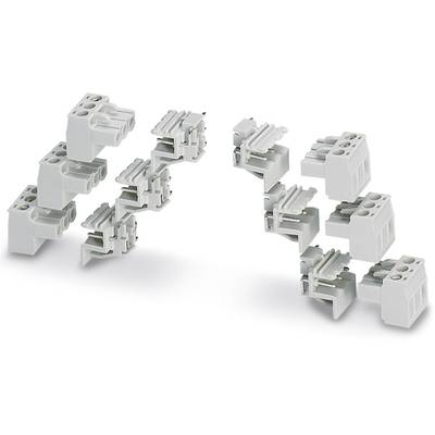 Meerdere grijs-witte stekkers in verschillende configuraties, die kunnen worden gebruikt voor elektrische verbindingen in circuits.