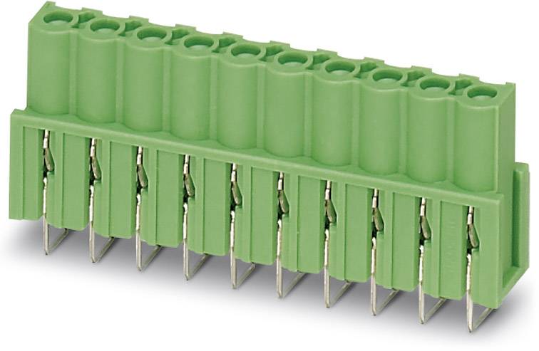 Groene stekker met tien metalen pinnen, gebruikt in elektronische apparaten voor het verbinden van kabels en schakelingen.